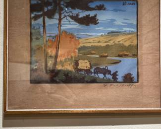 a gallery wall full of original art - many signed wood block prints by Vadim Falileev (f)