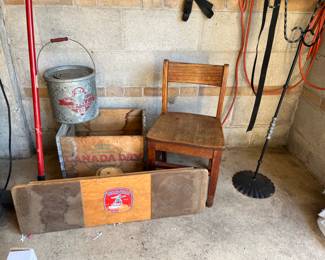 vintage Childs chair, wood Canada Dry crate, minnow bucket
