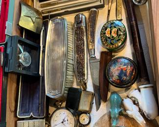 antique sterling brush, horn handled knives, pocket watches...