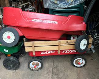 Radio Flyer plastic wagon, and metal wagon with wood sides
