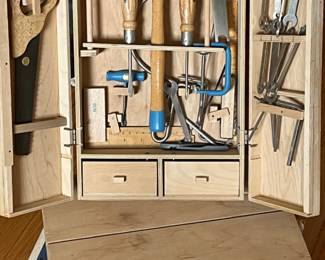 child's tool set in wood case