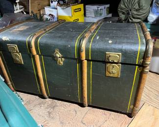The BEST antique Italian steamer trunk we have seen - coated blue canvas with green and yellow stripes and wood straps