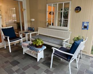 metal patio chairs, bench, & wood bench