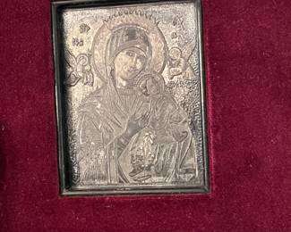 antique metal Madonna plate