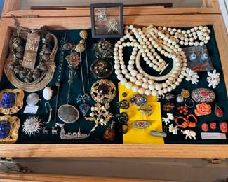 antique coral jewelry pieces, micro mosaic brooches, antique hat pins, other sterling silver & costume jewelry