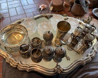 silver mirrored gallery tray - small silver salt cellars, salt and pepper shakers, cordial cups, etc