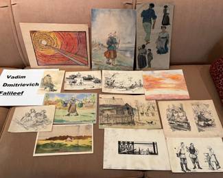 an entire collection of original art from Vadim Falileef (Falileev) - wood block prints, drawings