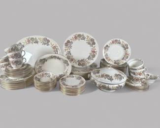 Wedgwood Bone China "Litchfield," 104 Piece Partial Dinner Service, 12 Dinner Plates - Dia.: 10 3/4inches
12 Salad Plates - Dia.: 8 inches
12 Bread and Butter - Dia.: 6 inches
13 Rimmed Soup Dishes - Dia.: 8 inches
12 Cups - H: 3 inches
1 - Wide tea cup - H: 2 1/4 inches
13 Saucers - Dia.: 6 inches
12 Finger bowls - Dia.: 5 inches
2 Ash trays - Dia.: 4 1/2 inches
1 oval open vegetable - W: 10 inches
1 oval platter - 15 1/2 inches
1 Covered Tureen - H: 8 inches