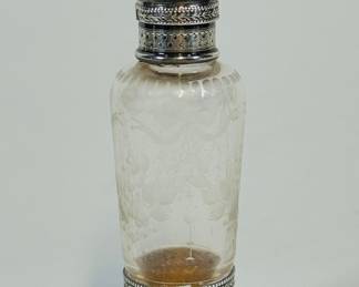 French Silver And Etched Glass Opera Flask, C. 1900, duty makers marks at neck of cap, h: 4 1/2 x dia: 1 inches, OZT: 0.64 weighable