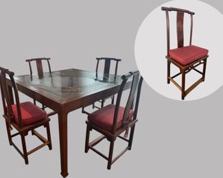 Chinese Rosewood Dining Table And Four Chinese Yoke Back Chairs, table is constructed around a window frame, chairs with red cushions, Table: H: 32 x w: 51 1/2 x d: 51 1/2 inches, Chairs: H: 40 x w: 19 x d: 14 12/ inches, seat height: 18