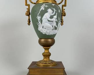 Continental Neoclassical Style Brass Mounted Urn, C. 1900, the green and white jasper-typed ceramic urn mounted with gilt metal, H: 9 1/2 inches x w: 3 1/2 inches x d: 3 1/2 inches