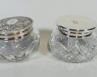 Two Large William B. Kerr & Co. (Newark, New Jersey) Sterling Silver And Cut Crystal Powder Jars, C. 1900, both marked at rim and monogrammed to lid with B; h: 3 x dia: 4 1/2 inches (both), OZT: 1.47 (weighable)