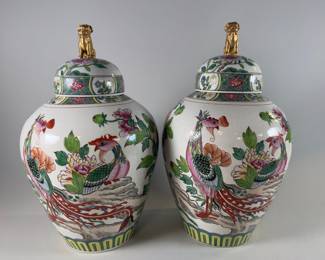 Pair Of Samson (France) Famille Rose Jars And Covers, C. 1900. Marked to underside, H: 17 x w: 10 inches