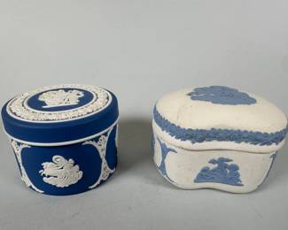 Two Modern Wedgewood Jasperware Trinket Boxes. Blue: H: 3 inches x d: 2 1/2 inches
White: H: 1 3/4 inches x 3 1/4 inches