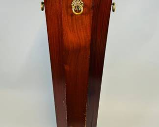 Mahogany Octagonal Umbrella Stand, interior of stand houses a removable copper sleeve, brass bale handles mounted on four sides, h: 28 x w: 10 5/8 x d: 10 5/8 inches
CONDITION: finish losses, scratches and scuffs near bottom