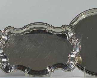 Three Small Pewter Trays (3), all marked Salisbury Pewter/USA
Small round, dia: 6 1/4 inches; larger round, dia: 8 1/4 inches; Chippendale style w: 9 x d: 6 inches