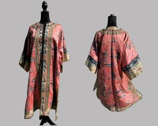 including a Cultural Revolution banner of red and blue silk; a pink silk coat; and three fragments including a collar
CONDITION: coat with wear commensurate with age/use; water stains to banner