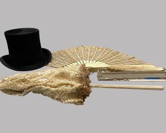 Antique Men's Top Hat, A Parasol And Three Fans With Fur Wrap (6). consisting of three fans, two of fine lace, the third of painted silk; a top hat; and a parasol of lace backed satin; and a vintage black fur wrap by Russeks, NY
CONDITION: parasol lace browned at edges; top hat with heavy wear to interior; smaller lace fan with wear and losses