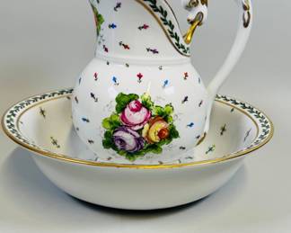 JD Dumont Limoges Porcelain Pitcher And Washbasin, marked underneath, bowl: h: 3 x dia: 12 inches, jug: h: 9 x w: 8 x d: 6 inches