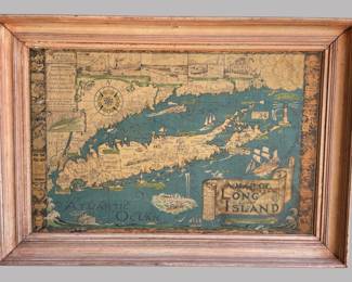 Pictorial Map Of Long Island, New York, By Courtland Smith (1961). Second edition reprint of 1933 map; paper on board. Frame: H: 22 inches x w: 32 inches; Sight: h: 17 inches x w: 26 inches
CONDITION: some darkening, losses to upper left, soiling to lower right
