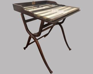 Vintage Folding Backgammon Table. H: 30 1/2 x w: 24 1/4 x d: 24 1/8 inches
CONDITION: can no longer fold as it has been bolted open; mirrored boards detached