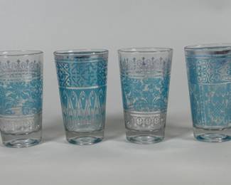 Turkish Turquoise Blue And Silver Over Clear Glass Juice Glasses (4). H: 4 x w: 2 1/4 x d: 2 1/4 inches