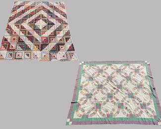 Two Vintage/Antique American Quilts (2). Purple and green quilt: 73 x 85 1/2 inches, Multicolored quilt: 84 x 76 inches