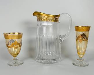 Group Of Gold Decorated Cut Crystal Barware (3). Gold rimmed, painted and engraved water pitcher, h: 9 inches, together with two vintage Italian made cocktail glasses c. 1940s, unmarked, h: 5 1/2 and 5 inches