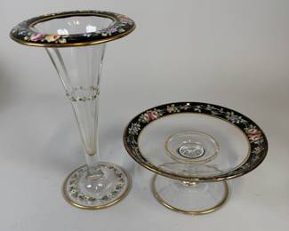 Continental Glass Trumpet Vase And Compote With Hand-Painted Floral Rim. Vase: H: 6 3/4 x w: 4 x d: 4 inches; compote: H: 2 3/4 x w: 5 1/2 x d: 5 1/2 inches