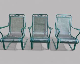 Three Russell Woodard Style Rocker Patio Rocking Chairs, green painted metal, H: 39 inches x w: 27 1/2 inches x d: 33 inches
