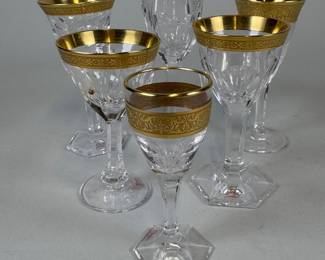 Moser Boxed Set Of Crystal And Gold Rimmed Cordials (6), in original box and never used, marked Moser at feet, Largest - H: 4 inches; Smallest - H: 3 1/2 inches