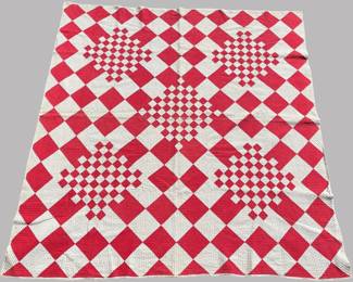 Antique American Red And White Irish Chain Quilt. 71 1/2 x 75 1/4 inches
CONDITION: yellowing and light stains to back