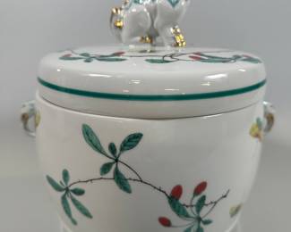 Mottahedeh Museum Reproduction Famille Verte Foo Dog Covered Bowl. Marked Mottahedeh/Vista Alegre/Portugal , H: 9 1/4 x 9 x 7 1/2 inches