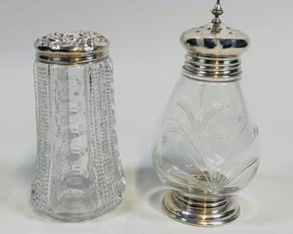 American Sterling Silver And Whiting Glass Sugar Caster And Jar. Both stamped sterling, finial top: h: 5 1/4; repousee top: h: 4 1/2 inches, OZT: 0.73 (weighable)