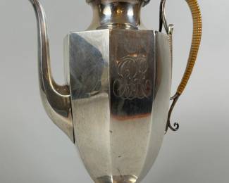 Gorham Sterling Silver Coffee Pot, the monogrammed 1 3/8 pint coffee pot with Gorham hallmarks to underside, with wrapped rattan handle, H: 9 inches x w: 2 1/4 inches, OZT: 12.76 gross
CONDITION: monogrammed, top of handle rattan coming loose