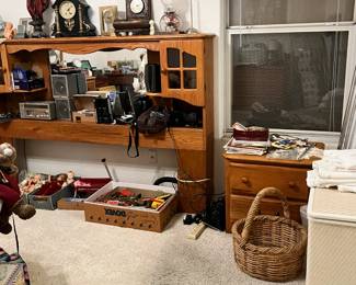 vintage hamper, basket, nightstand, crotchet items and more 