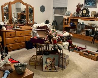 mirrored dresser, Christmas items, vintage electronics, head board, stiched vintage cloths, vintage baby clothes, vintage clocks, vintage toys and so much more.