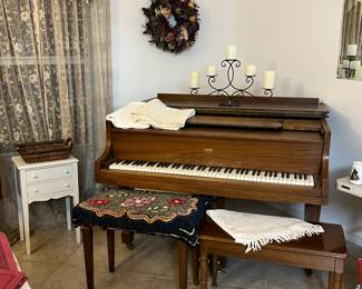 1938 Strauss New York Baby Grand Piano, 2 piano benches, end table or nightstand, wreath, drapes and candle/candle holder.