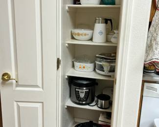Vintage casserole dishes, cornflower style coffee and tea pots, ninja cooker, inst pot, dehydrator, crockpots, vintage coffee tin.