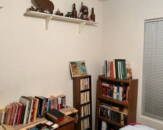 lots of books, vintage toys, bookcase, entertainment center and shelving.