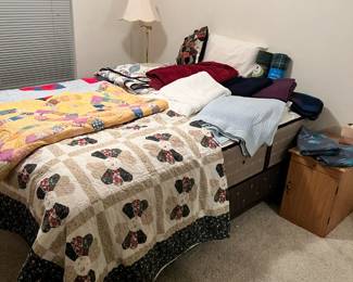 Full size bed and some beautiful quilts, blankets, vintage floor lamp
