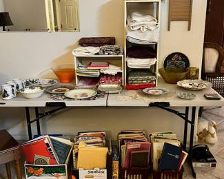 lots and lots of sheet music for piano, strings, flute and clarinet, vintage table cloths and napkins, vintage plates and bowls, norman rockwell mugs and more