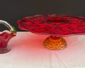 Amberina Moon  Stars Pattern Cake Pedestal  Glass Basket