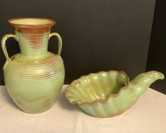 004 Frankoma Fluted Cornucopia #222 & Leaf Handled Prairie Green Vase #71