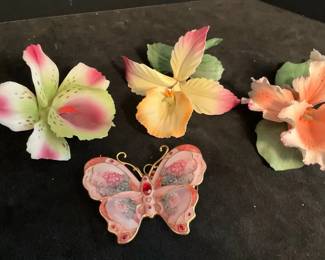 Vintage Capodimonte Porcelain Ceramic Flowers from Italy Bradford Butterfly