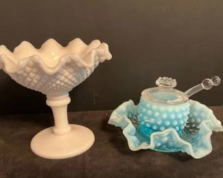 Fenton Hobnail Blue Opalescent Mustard Jar West Moreland White Hobnail Compote Dish