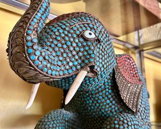 Large Nepalese Brass with Turquoise and Coral Elephant