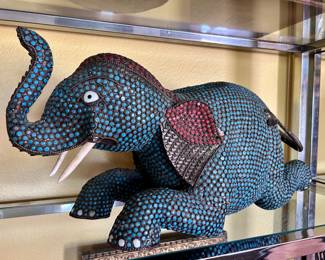 Large Nepalese Brass with Turquoise and Coral Elephant