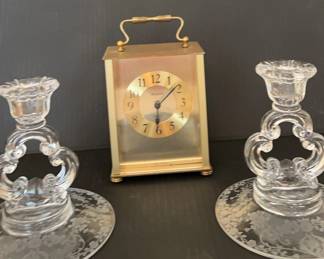Pair Of Fostoria Candlesticks And Brass Clock