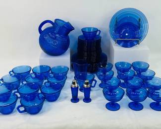 Vintage Cobalt Blue Glass Pitcher with Cups, Saucers, Plates & More
